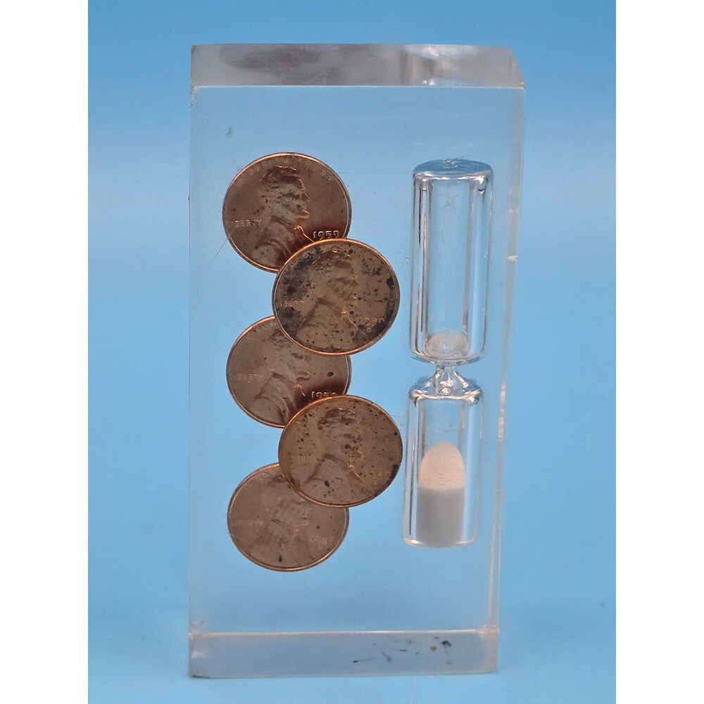 Vintage MCM Lucite Paperweight with Hourglass & Embedded Pennies – 1960s Drcor